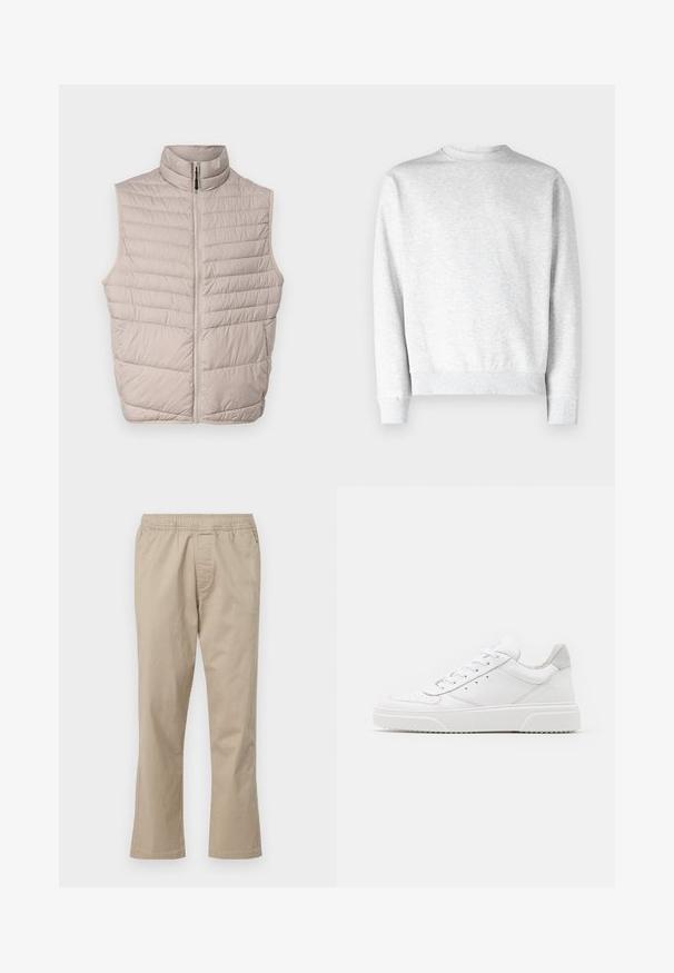 Beige gesteppte ärmellose Weste mit hohem Kragen und durchgehendem Reißverschluss. Verfügt über horizontale Nähte und eine glatte Stoffoberfläche.; Helles graues Sweatshirt mit Rundhalsausschnitt aus weichem Fleece-Material, mit gerippten Bündchen und Saum, und einer glatten Textur.; Beige Baumwollhose mit elastischem Bund, geradem Bein und seitlichen Nahttaschen, mit glatter Textur und ohne Muster.; Weiße Leder-Sneaker mit glatter Oberfläche, rundem Zehenbereich, flachen Schnürsenkeln und strukturiertem Schuhsohlen. Graues Wildleder-Detail an der Ferse.