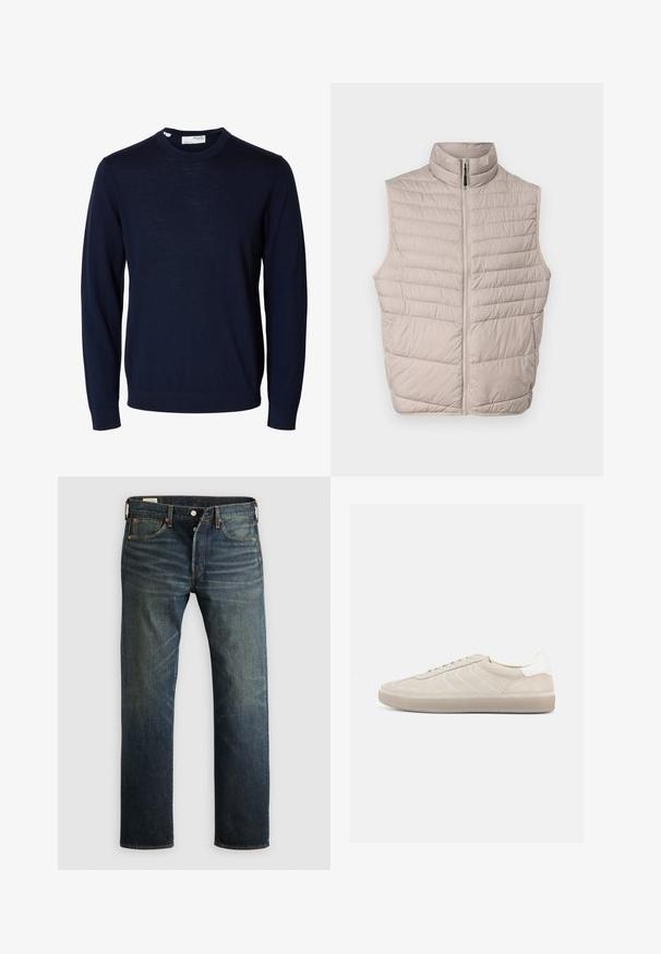 Chaleco sin mangas acolchado en color beige, con un alto cuello y cremallera de longitud completa. Presenta costuras horizontales y una textura de tejido suave.; Jersey azul marino de manga larga con cuello redondo, puños y bajo acanalados, hecho de tejido fino de punto.; Vaqueros de denim azul oscuro con corte recto, cinco bolsillos y remaches de cobre. La tela tiene un acabado ligeramente desteñido, mostrando textura y granulado.; Zapatilla beige de ante con parte superior texturizada, contrafuerte de talón blanco liso, cordones finos y suela de goma. Presenta un diseño de perfil bajo.