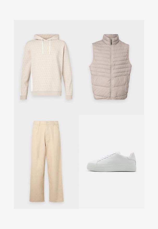 Quilted beige ærmeløs vest med høj krave og fuld lynlås. Har horisontale sømme og en glat stoftekstur.; Beige hættetrøje med et diskret geometrisk mønster, snøre i hætten, ribstrikkede ærmeender og sidepaneler. Blød tekstur, afslappet design.; Beige bredde benbukser lavet af denim med en tekstureret finish, der har en frontlukning med knap og klassisk femlomme-design.; Hvide lædersneakers med en chunky platformsål, rund tå og seks snørehuller. Glat tekstur med subtile syninger.