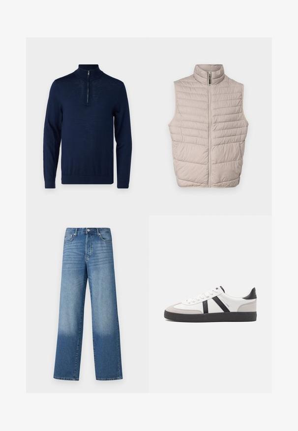 Beige gesteppte ärmellose Weste mit hohem Kragen und durchgehendem Reißverschluss. Verfügt über horizontale Nähte und eine glatte Stoffoberfläche.; Navyblaues Langarm-Pullover mit einem Viertel-Reißverschluss-Kragen. Glatte Textur, körperbetontes Design, minimale Nahtdetails und keine sichtbaren Logos.; Blaue hochgeschnittene Straight-Leg-Jeans mit Ausbleichungen an den Oberschenkeln und dunklerem Schatten nahe den Säumen, sichtbare vordere Knöpfe und Taschen.; Weiße Sneaker mit schwarz- und grau-aczenten, ausgestattet mit einer strukturierten grauen Zehenkappe, schwarzer Gummi-Sohle und flachen weißen Schnürsenkeln. Sauberes Design, minimalistische Stil.