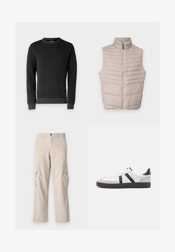 Gilet sans manches beige matelassé avec un col haut et une fermeture éclair sur toute la longueur. Présente des coutures horizontales et une texture de tissu lisse.; Un pull en tricot gris foncé avec une surface texturée, un col rond et des poignets et un ourlet côtelés. Il dispose de manches longues et d'une coupe classique.; Pantalons cargo en velours côtelé beige avec deux poches latérales, une fermeture par bouton et une coupe évasée ; présente une texture à côtes verticales.; Baskets blanches avec des accents noirs et gris, présentant un embout texturé gris, une semelle en caoutchouc noir et des lacets plats blancs. Design épuré, style minimaliste.