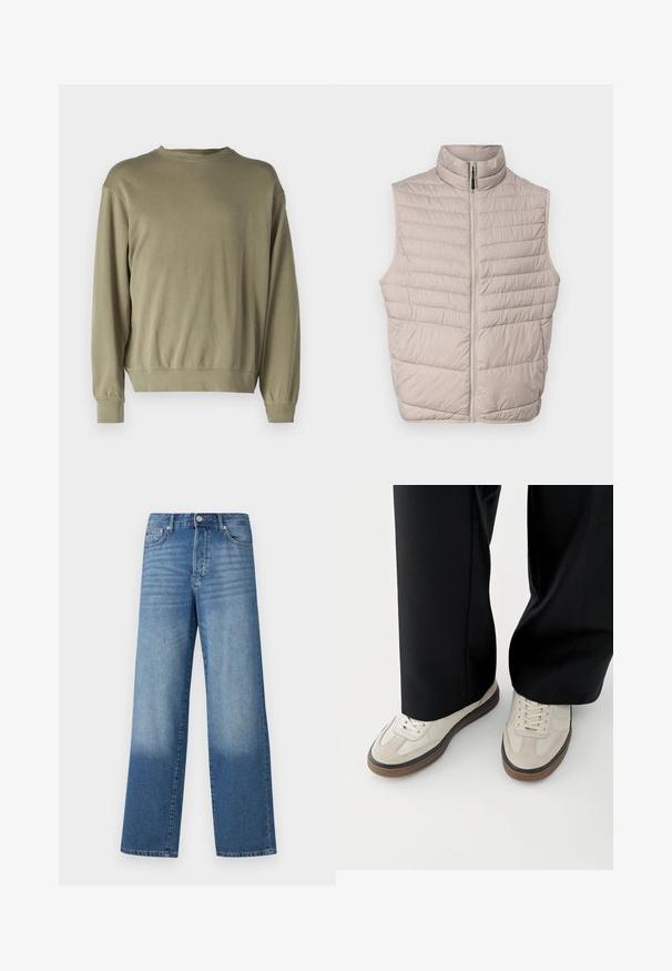 Quilted beige ærmeløs vest med høj krave og fuld lynlås. Har horisontale sømme og en glat stoftekstur.; Oliven grøn, langærmet sweatshirt lavet af blødt bomuldsblanding. Har en rund halsudskæring og ribbede manchetter med en afslappet pasform.; Blå højtaljede strækte jeans med falmede områder på lårerne og mørkere skygger nær kanten, synlig frontknap og lommer.; Fødder iført beige sneakers med brune såler og sorte bukser med vide ben på hvid baggrund.