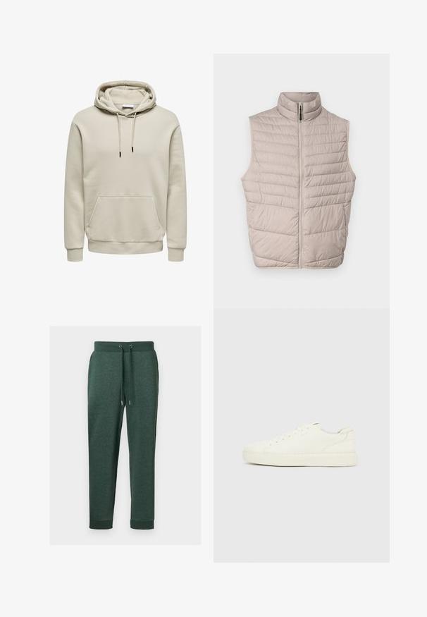 Beige vuorattu ilman hihoja liivi, jossa on korkea kaulus ja täyspitkä vetoketju. Siinä on vaakasaumat ja sileä kangas.; Beige väri college-huppari, jossa nyöritykset, kengurutasku, resorit hihansuissa ja helmassa, esitetty valkoisella taustalla.; Tumma vihreät verkkarit, joissa on kiristysnyöri vyötäröllä, sivutaskut ja resorit hihoissa, valmistettu pehmeästä, teksturoidusta kankaasta.; Valkoinen matala tennari, jossa nauhakiinnitys edessä, sileä nahkapäällinen ja paksu kumipohja, kuvattuna sivukulmasta yksinkertaisella taustalla.