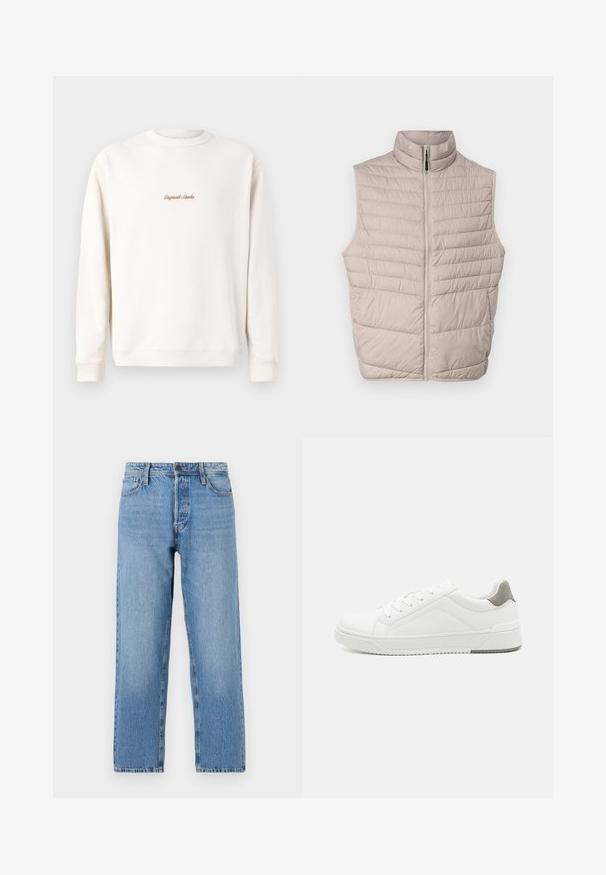Beige gesteppte ärmellose Weste mit hohem Kragen und durchgehendem Reißverschluss. Verfügt über horizontale Nähte und eine glatte Stoffoberfläche.; Cremefarbiges Sweatshirt mit geripptem Rundhalsausschnitt und Bündchen. Auf der Brust befindet sich eine kleine goldene Stickerei "Original Studio". Weicher Stoff.; Hellblaue Jeans aus Denim mit geradem Bein, ausgestattet mit einem Knopf- und Reißverschluss, fünf Taschen und dezentem Ausbleichen.; Weißer Sneaker aus glattem Leder, runde Zehenpartie, minimalistisches Design, graue Fersenkante und strukturierte Gummisohle.
