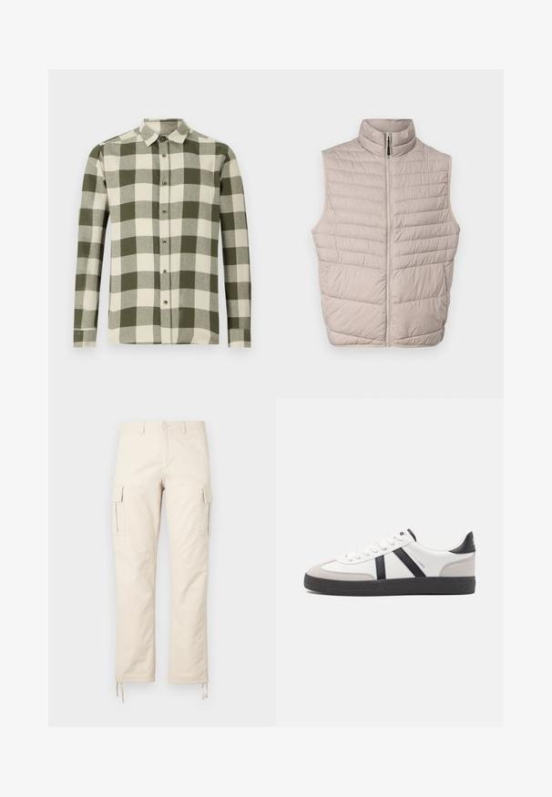 Beige gewatteerde mouwloze vest met hoge kraag en een volledige rits. Kenmerkt zich door horizontale naden en een gladde stofstructuur.; Lange mouwen shirt in een groen en crème checkpatroon, gemaakt van lichte stof, met een button-down kraag en knopen aan de voorkant.; Beige cargobroek van een katoenen mix. Kenmerken zijn onder andere twee zijzakken, een rechte pijpdesign en verstelbare trekkoorden aan de zoom.; Witte sneaker met zwarte en grijze accenten, voorzien van een grijze neus met textuur, zwarte rubberen zool en platte witte veters. Schoon ontwerp, minimalistische stijl.