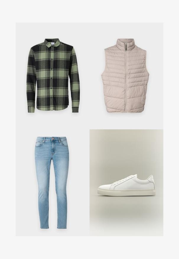 Chaleco sin mangas acolchado en color beige, con un alto cuello y cremallera de longitud completa. Presenta costuras horizontales y una textura de tejido suave.; Camisa de cuadros en verde oscuro y negro con botones, de manga larga, que presenta un collar clásico y botones azules. Tejido suave y texturizado.; Jeans ajustados de mezclilla azul claro, con una cintura de altura media, cinco bolsillos y un ligero desvanecimiento en los muslos. Cierre de botón en la cintura.; Zapatilla blanca de perfil bajo con cordones en la parte delantera y suela gruesa, mostrada de lado sobre un fondo neutro.