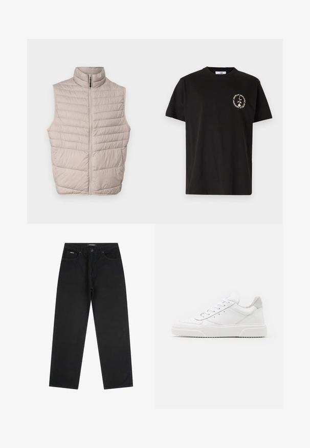 Padded béžová bezrukávová vesta s vysokým golierom a plným zipsom. Má horizontálne švy a hladkú textúru tkaniny.; Vertere Berlin PRODUCT UNISEX - Tričko s potlačou - black; Čierne džínsové nohavice s rovnými nohavicami, piatimi vreckami, zapínaním na gombík a pútkami na opasok, veľkosť 32.; Biele kožené tenisky s hladkým povrchom, zaoblenou špičkou, plochými šnúrkami a textúrovanou podrážkou. Sivý semišový akcent na päte.