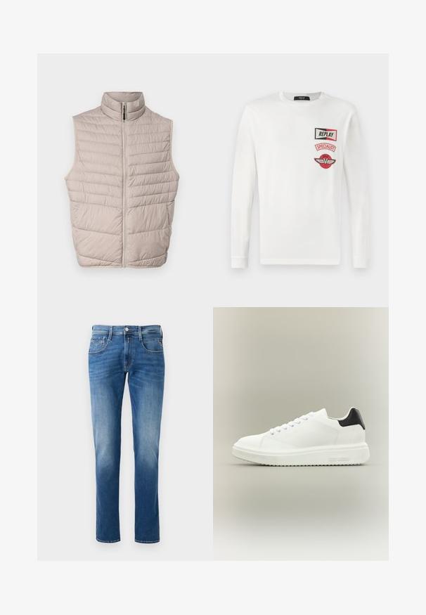 Beige gesteppte ärmellose Weste mit hohem Kragen und durchgehendem Reißverschluss. Verfügt über horizontale Nähte und eine glatte Stoffoberfläche.; Weißes Langarmshirt mit drei roten und schwarzen Aufnähern auf der linken Brust: "REPLAY", "SPECIALIST" und ein geflügeltes V-Logo.; Herren Jeans aus blauem Denim mit einem verwaschenen Finish, gerader Beinschnitt, fünf Taschen und einem Knopfverschluss vorne. Genähte Akzente an den Taschen.; Weißer Low-Top-Sneaker mit dicker Sohle, Schnürung vorne und schwarzer Fersenschlaufe, mit "Steve Madden" an der seitlichen Sohle gebrandet.