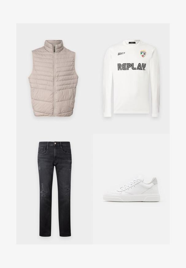 Gilet sans manches beige matelassé avec un col haut et une fermeture éclair sur toute la longueur. Présente des coutures horizontales et une texture de tissu lisse.; Chemise blanche à manches longues avec le texte noir "REPLAY" sur la poitrine, petit texte "REPLAY FC" en haut à gauche, et un emblème en trois couleurs avec trois étoiles en haut à droite.; Jeans en denim noir à coupe droite, avec des patchs déchirés, cinq poches, un petit bouton en métal et des passants de ceinture à la taille.; Des baskets en cuir blanc avec une finition lisse, un bout rond, des lacets plats et une semelle texturée. Accents en daim gris au niveau du talon.