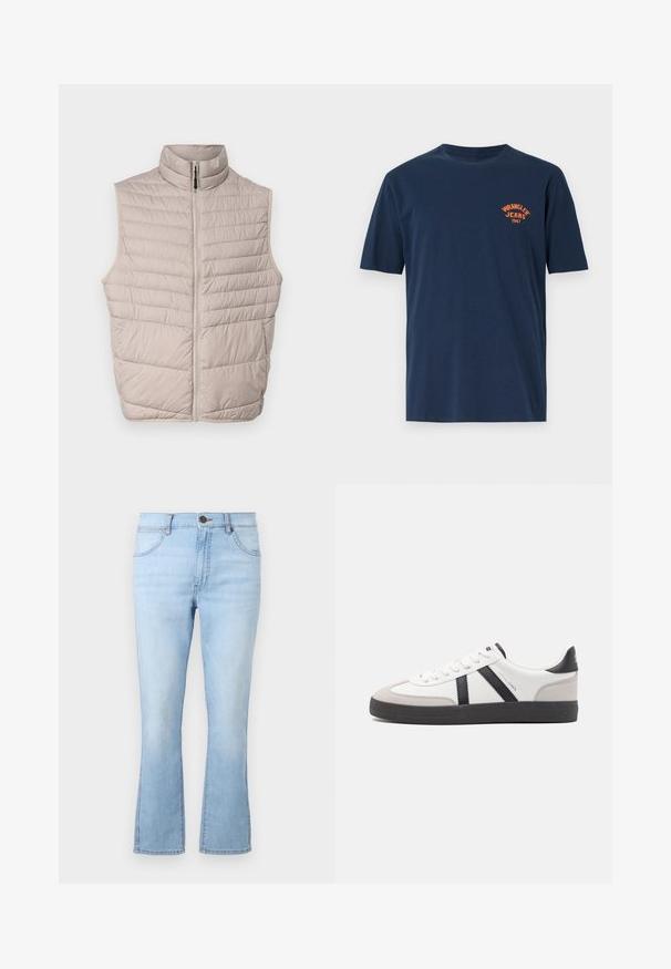 Chaleco sin mangas acolchado en color beige, con un alto cuello y cremallera de longitud completa. Presenta costuras horizontales y una textura de tejido suave.; Camiseta de algodón azul marino con mangas cortas, cuello redondo y un logo bordado en naranja de "Wrangler Jeans 1947" en el pecho.; Vaqueros acampanados de color azul claro, confeccionados en denim, con cinco bolsillos, cierre de botón y cremallera, y costuras en contraste. Presentan un lavado ligeramente desvanecido.; Zapatilla blanca con acentos en negro y gris, que presenta una puntera texturizada en gris, suela de goma negra y cordones planos blancos. Diseño limpio, estilo minimalista.