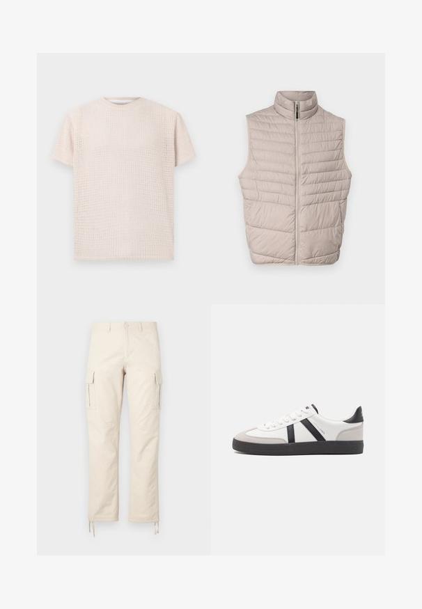 Beige gewatteerde mouwloze vest met hoge kraag en een volledige rits. Kenmerkt zich door horizontale naden en een gladde stofstructuur.; Licht beige korte mouwen t-shirt met een gestructureerd patroon en een losse pasvorm. Ronde halslijn en zachte stof, geschikt voor casual draag.; Beige cargobroek van een katoenen mix. Kenmerken zijn onder andere twee zijzakken, een rechte pijpdesign en verstelbare trekkoorden aan de zoom.; Witte sneaker met zwarte en grijze accenten, voorzien van een grijze neus met textuur, zwarte rubberen zool en platte witte veters. Schoon ontwerp, minimalistische stijl.