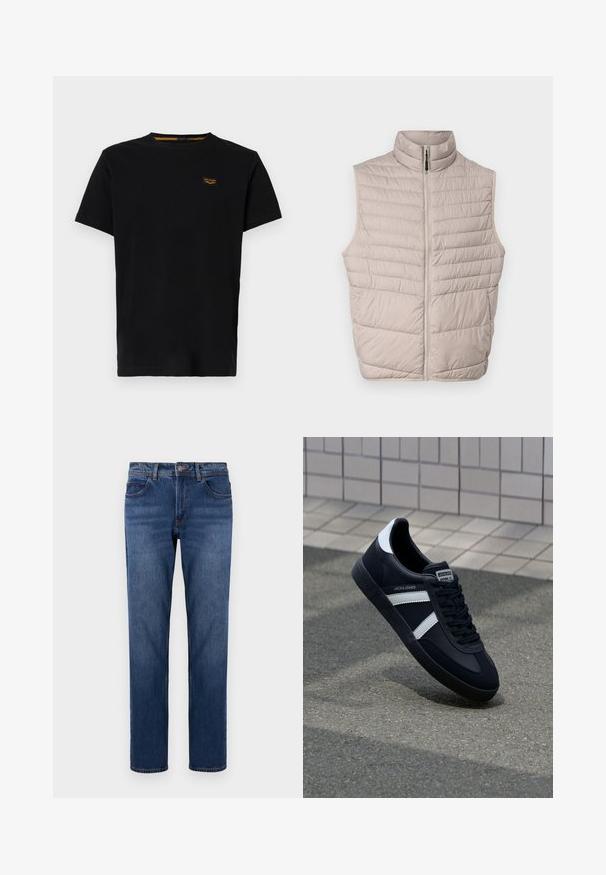 Beige gewatteerde mouwloze vest met hoge kraag en een volledige rits. Kenmerkt zich door horizontale naden en een gladde stofstructuur.; Zwarte katoenen T-shirt met korte mouwen, ronde hals en een klein merkpatch in contrasterend geel op de linkerborst.; Donkerblauwe denim jeans met een rechte pasvorm, vijf zakken en contrasterende stiksels. Afgewerkt met een knoop en ritssluiting.; Zwarte leren sneaker met witte strepen, een gestructureerde rubberen zool en vetersluiting aan de voorkant. Voorzien van een merklabel op de tong.