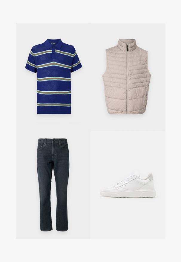 Quilted beige ærmeløs vest med høj krave og fuld lynlås. Har horisontale sømme og en glat stoftekstur.; Blå strikket polo t-shirt med korte ærmer, med vandrette striber i hvid, grøn og rød samt en tre-knaps placket.; Mørkeblå denim jeans med lige pasform, fem-lomme design og knaplukning. Har diskret falmning og kontrastsyning.; Hvide lædersneakers med en glat finish, rund tå, flade snørebånd og en struktureret sål. Grå ruskindsdetalje ved hælen.