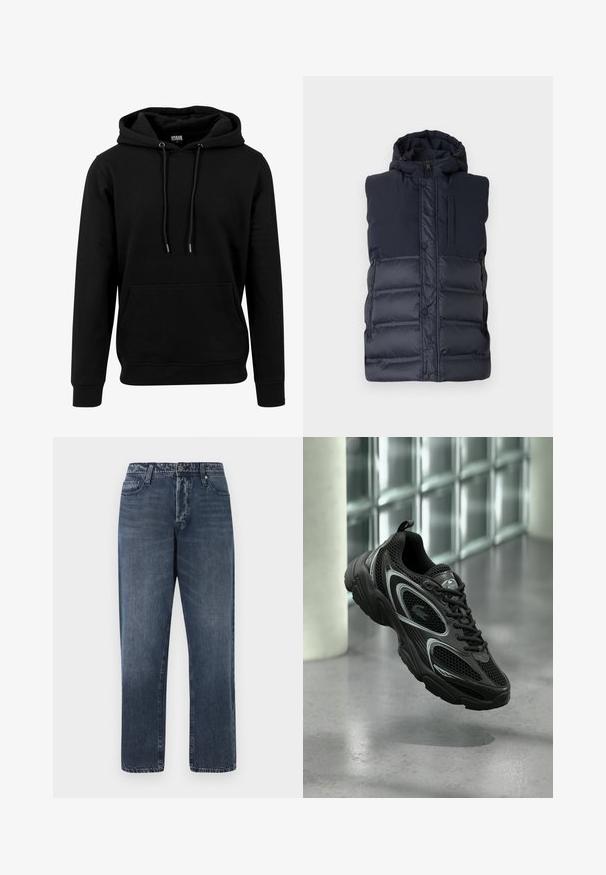 Navyblauer gepolsterter Weste mit Kapuze, featuring einen Frontreißverschluss, Druckknöpfen und einer vertikalen Reißverschlusstasche auf der Brust. Glatte Textur.; Schwarzer Hoodie aus weichem Stoff, mit einer großen Fronttasche, Kordeln und gerippten Bündchen und Saum. Einfaches, einfarbiges Design.; Jack & Jones Loose-fit JJIEDDIE JJORIGINAL SQ 227 - Baggy Jeans - blue denim; Schwarzer Sportschuh aus Mesh- und synthetischem Material, mit profilierter Sohle, schlankem Design, silbernen Akzenten und vorderer Schnürung.