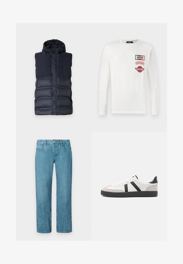 Navyblauer gepolsterter Weste mit Kapuze, featuring einen Frontreißverschluss, Druckknöpfen und einer vertikalen Reißverschlusstasche auf der Brust. Glatte Textur.; Weißes Langarmshirt mit drei roten und schwarzen Aufnähern auf der linken Brust: "REPLAY", "SPECIALIST" und ein geflügeltes V-Logo.; Hellblaue Jeans aus Denim mit geradem Bein, ausgestattet mit fünf Taschen, Gürtelschlaufen und einem Knopfverschluss. Glatte Textur mit subtilen Verblassungen.; Weiße Sneaker mit schwarz- und grau-aczenten, ausgestattet mit einer strukturierten grauen Zehenkappe, schwarzer Gummi-Sohle und flachen weißen Schnürsenkeln. Sauberes Design, minimalistische Stil.