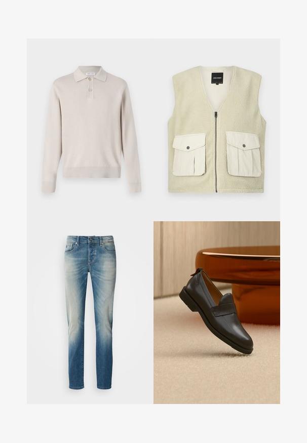 Fleecevest in lichtbeige met een rits aan de voorkant, een V-hals en twee opgestikte zakken aan de voorkant in een crèmekleurige stof met knoopsluitingen.; Lichtbeige poloshirt met lange mouwen, gemaakt van zachte stof. Voorzien van een kraag, een drieknoopsluiting en ribgebreide manchetten en zoom.; Lichtblauwe spijkerbroek van denim met een vervaagd ontwerp, rechte pijpen, vijf zakken en metalen hardware bij de taille en zakken.; Zwarte leren loafer met lage hak zwevend boven een beige tapijt, naast een glanzende amberkleurige tafel in een minimalistische kamer.