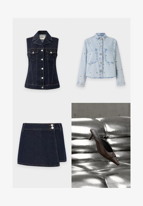 Denimvest in donkerblauw met knopenfront, puntige kraag, twee borstzakken en dubbel gestikte details. Accenten in zilver hardware.; lichtblauwe spijkerjack met bloemenborduursel, voorzien van twee voorkruimels, knoopsluiting en een kraag. Casual fit met gestikte zoom.; Donkerdenimrok met een wikkelontwerp, twee zilveren knopen in de taille en contrasterende stiksels langs de zoom en naden.; Bruine mule met hoge hak en puntige neus, voorzien van gespsdetail, zwevend boven een glanzend zilveren, getufte leren oppervlak.