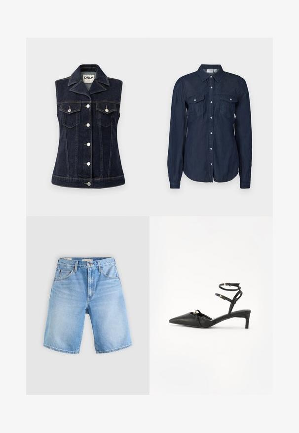 Denim vest i mørkeblå med knaplukning foran, spidse kraver, to brystlommer og dobbelt syninger. Sølv hardware detaljer.; Marineblå knap-up skjorte i let materiale, med to forlommer, lange ærmer og en klassisk krave med buet kant.; Lysblå denimshorts med en afslappet pasform, der har knaplukning, bæltestropper og fem lommer. Glat tekstur med affarvede områder.; Sorte læderslingbacksandaler med spidse tæer, tynde ankelremme, guldfarvede hardwaredetaljer og en slank hæl. Glat tekstur og minimalistisk design.