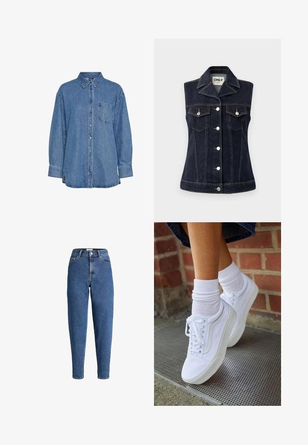 Dunkelblaues Denim-Weste mit Knopfleiste, spitzem Kragen, zwei Brusttaschen und doppelt genähten Details. Silberne Hardware-Akzente.; Jeanshemd in Hellblau mit durchgehender Knopfleiste, klassischem Kragen, einer Brusttasche und langen Ärmeln mit Manschetten.; Blaue, hochgeschnittene Jeans aus Denim mit geradem Bein, ausgestattet mit klassischem Fünf-Taschen-Design, Reißverschluss und Metallknopfverschluss.; Weiße Leinensneaker mit Gummisohlen, ausgestattet mit sechs Ösen, runder Zehenpartie und dezenten Nähten, kombiniert mit weißen Knöchelsocken.