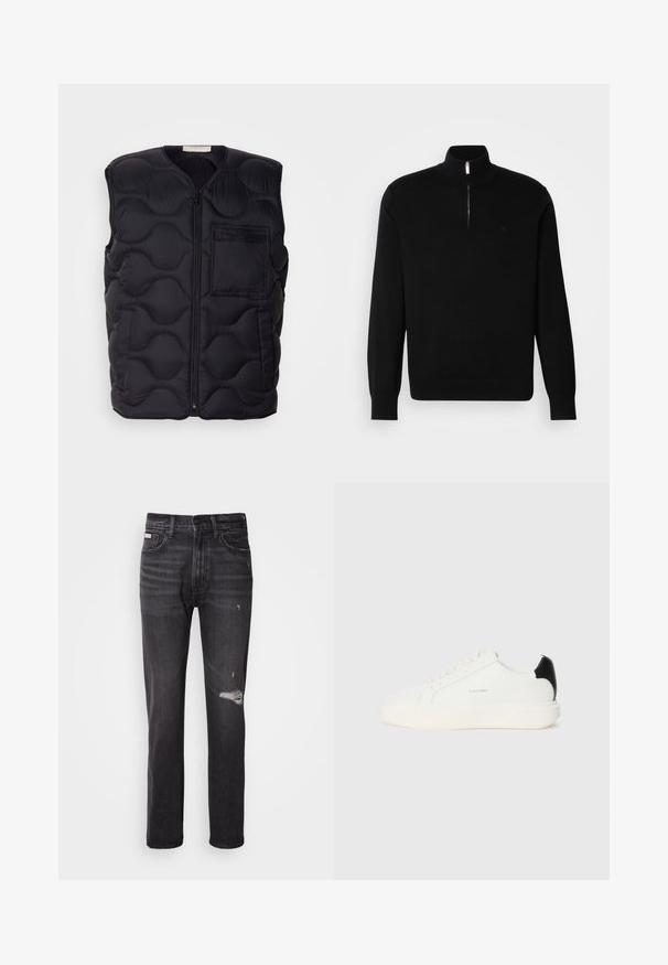 Sort puffet vest med rundt quiltet mønster, frontlynlås og en lille lomme på venstre side. Fremstillet af let polstret stof.; Sort zip-neck sweater lavet af et fint strikstof. Har lange ærmer, en høj krave og et lille logo på brystet.; Sorte denim jeans med lige ben-design, distressed detaljer ved knæene, fem-lommestil og en diskret falmet finish.; Hvide lædersneakers med en sort accent på hælen, rund tå, flade snørebånd og en tyk hvid sål. Calvin Klein-logoet vises.