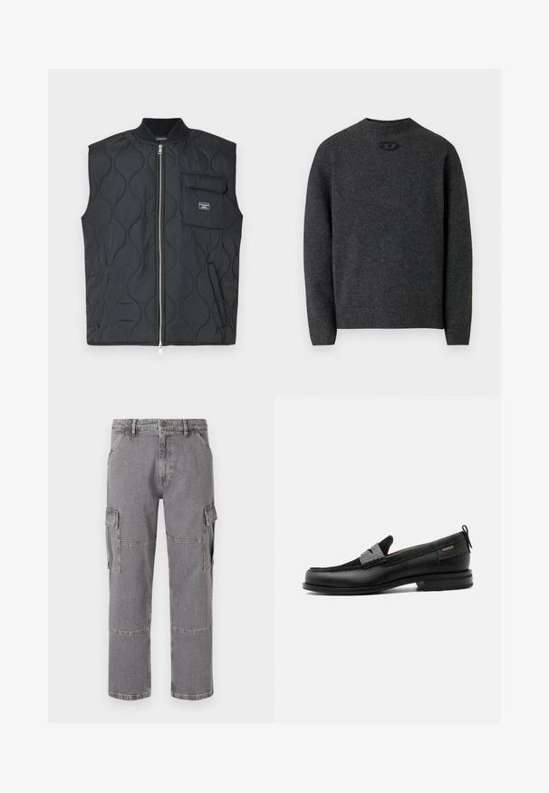 Veste sans manches noire matelassée avec un col montant, une fermeture éclair frontale et une poche poitrine unique. Caractéristiques un motif ondulé et un accent de marque sur la poche.; Pull gris foncé en tissu tricoté doux, avec un col rond et des poignets et un ourlet côtelés. Comprend un petit détail de logo à l'arrière.; Pantalons cargo gris en denim avec plusieurs poches, une coupe droite et des détails de coutures visibles.; Mocassin en cuir noir avec détail de bride grise, talon bas et semelle texturée, marqué "HUGO" en or sur le côté.