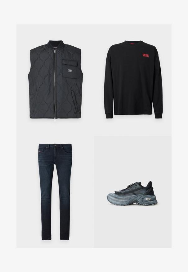 Schwarze gesteppt Weste mit hohem Kragen, Frontreißverschluss und einer einzelnen Brusttasche. Verfügt über ein Wellendesign und ein Markenakzent auf der Tasche.; Schwarzes langärmliges T-Shirt aus Baumwolle mit Rundhalsausschnitt. Verfügt über ein kleines rotes "DIESEL"-Logo auf der linken Brust. Reguläre Passform.; Dunkelblaue Slim-Fit-Jeans mit leichtem Verblassen an den Oberschenkeln, Fronttaschen, Gürtelschlaufen und Knopfverschluss an der Taille.; Schwarz- und graue Diesel-Sneaker mit dicker Sohle, Schnürverschluss und strukturiertem Design auf einem schlichten hellgrauen Hintergrund.
