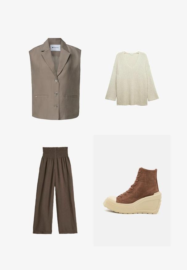 Hihaton beige bleiser, jossa on kolme nappia, lovellinen kaulus, kaksi rintataskua ja Street One -merkkilappu kauluksen sisäpuolella.; Kermaattivärinen V-pään neule, jossa on ribbitekstuuria, löysä malli ja kellomaiset hihat, joissa on hienovaraisia metallilankakoristeita.; Ruske lakanbuks med et smocket talje. Bred bendesign, let tekstur og subtil drapering. Ingen synlige mønstre eller hardware.; Ruske suede korkeavartiset tennarit, joissa on vaaleanbeige wedge-pohja, pyöristetty kärki ja nauhattach. Rakenne on teksturoitu hienoilla saumojen yksityiskohdilla.