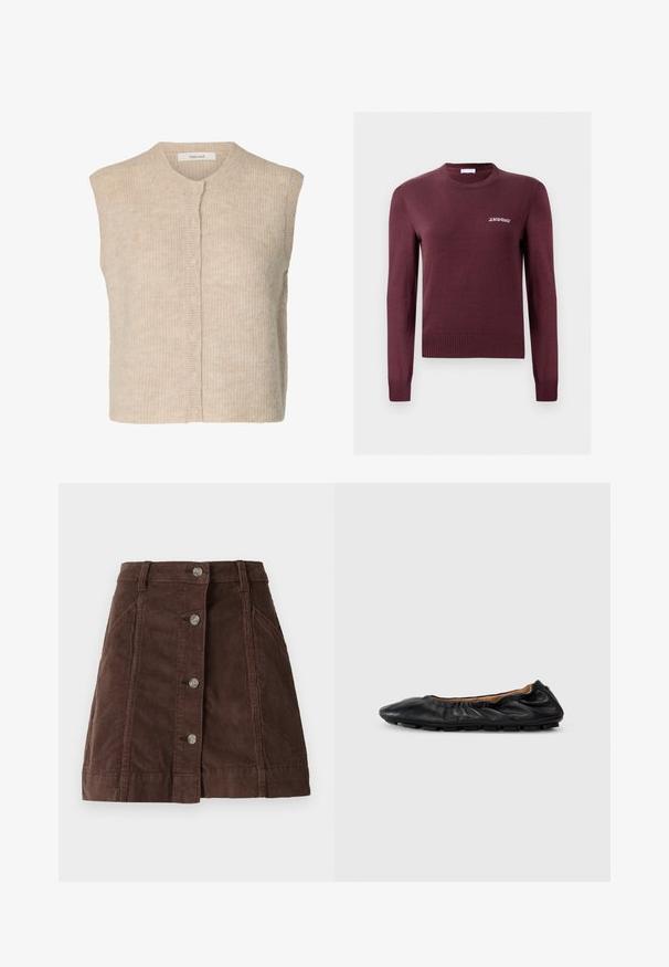 Veste sans manches beige en maille avec boutons, texture côtelée et encolure ronde, étiquetée de la marque "Selected."; Pull-over rasé à col rond, fabriqué en tissu tricoté doux. Il présente des poignets et un ourlet côtelés, avec un petit logo blanc sur la poitrine.; Jupe A-line en velours côtelé marron avec fermeture à boutons sur le devant et poches latérales, dotée de passants de ceinture et de détails de coutures verticales.; Ballerines en cuir noir avec des détails froncés au col, bout rond et semelle en caoutchouc flexible. Texture lisse dans l'ensemble.