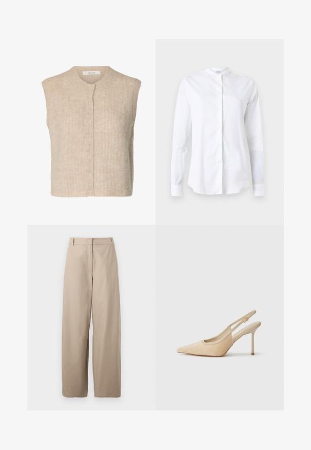 Beige gebreid mouwloos vest met knopen, geribbelde structuur en ronde hals, met het label "Selected."; Wit overhemd met lange mouwen en een mandarijnenkraag, gemaakt van gladde stof, voorzien van een knoopsluiting aan de voorkant en een getailleerde pasvorm. Geen patronen of accenten.; Beige, wijde broek van katoen. Voorzien van een platte voorkant, twee zijzakken en een zachte textuur. Eenvoudig, functioneel ontwerp.; Beige slingback hoge hakken met een spitse neus, gemaakt van textuurmateriaal, met een slanke hak en een verstelbare band.