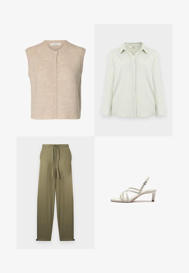 Beige strikket ærmeløs vest med knapper, med ribbet tekstur og rund halsudskæring, mærket med brandet "Selected."; Lysegrøn skjorte med knapper og tynde, lodrette mørkeblå striber, lange ærmer og en spids krave, lagt fladt på en neutral baggrund.; Olivengrønne bukser med løs pasform, høj talje og snøre foran, med lige ben og sidelommer.; Zign Pumps - off white