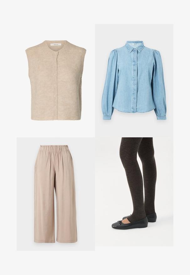 Veste sans manches beige en maille avec boutons, texture côtelée et encolure ronde, étiquetée de la marque "Selected."; Chemise en denim bleu clair avec un col pointu, une patte de boutonnage à l'avant et des manches longues bouffantes. Texture lisse avec un ourlet arrondi.; Pantalon beige à coupe ample avec une taille élastique, fabriqué en tissu léger, présenté sur un fond blanc.; Jambes portant des leggings côtelés foncés associés à des ballerines noires avec de petits détails en nœud sur fond blanc.