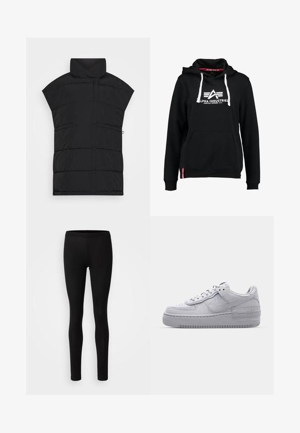 Selected SLFMIA VEST - Vesta - black; Čierna mikina s kapucňou vyrobená z bavlneného zmesového materiálu, s predným vreckom, bielymi šnúrkami na stiahnutie a logom Alpha Industries na hrudi.; Čierne legíny vyrobené z jemnej a elastickej látky. Majú úzky strih s elastickým pásom a hladkou matnou textúrou.; Šedé tenisky Nike Air Force 1 s perforovanou špičkou, hladkým koženým zvrškom, hrubou podrážkou a embosovaným detailom 'AIR' na päte.