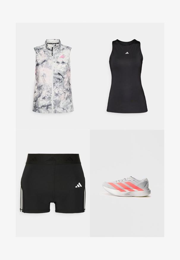 Ærmeløs løbevest i et gråligt og pink abstrakt mønster, med høj krave, en frontlynlås og en lille brystlomme.; Sort ærmeløs atletisk top lavet af glat stof. Har en rund halsudskæring og et lille hvidt Adidas-logo på brystet.; Sorte atletiske shorts lavet af strækbart materiale. Har en bred sort talje med præget logo og hvide sidestriber.; Grå atletisk sko med lysende pink striber, letvægts mesh-overdel, reflekterende accenter og tekstureret sål for greb.