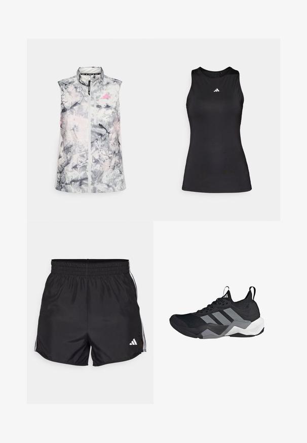 Ärmellose Laufweste in einem grauen und pinken abstrakten Muster, mit einem hohen Kragen, einem Reißverschluss vorne und einer kleinen Brusttasche.; Schwarzes ärmelloses Sportoberteil aus glattem Stoff. Verfügt über einen runden Halsauschnitt und ein kleines weißes Adidas-Logo auf der Brust.; Schwarze Sportshorts mit elastischem Bund, seitlichen Schlitzen und weißen drei Streifen Akzenten. Enthält ein kleines weißes Logo auf der unteren rechten Seite.; Schwarzer Sportschuh mit einem atmungsaktiven Mesh-Obermaterial, grauen Akzenten, strukturiertem Sohlenprofil und drei markanten Streifen an der Seite.