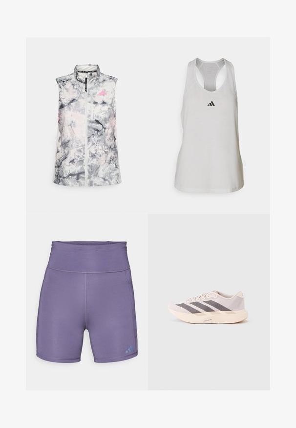Gilet de course sans manches dans un motif abstrait gris et rose, présentant un col montant, une fermeture éclair à l'avant et une petite poche poitrine.; Débardeur de sport blanc en tissu léger avec un dos nageur et un petit logo noir sur la poitrine.; Shorts de sport violets avec une taille haute, texture lisse, et logo bleu contrastant en bas à gauche. Présente des coutures à plat.; Baskets de sport légères en rose pâle et gris, avec une tige en mesh, trois bandes sombres et une semelle épaisse crème portant l'inscription "LIGHTSTRIKE PRO".