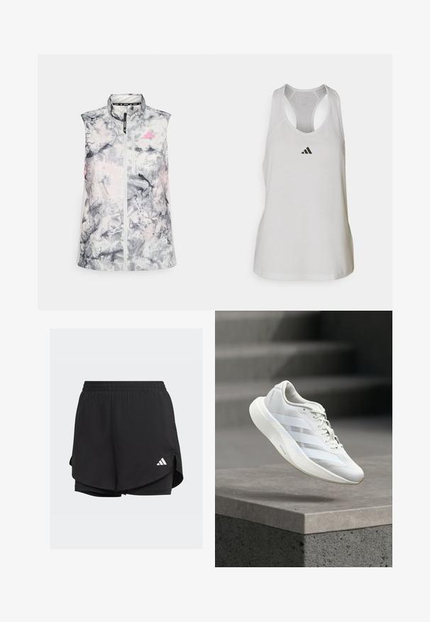 Gilet de course sans manches dans un motif abstrait gris et rose, présentant un col montant, une fermeture éclair à l'avant et une petite poche poitrine.; Débardeur de sport blanc en tissu léger avec un dos nageur et un petit logo noir sur la poitrine.; Shorts de sport noirs avec une taille élastique, un design superposé, des shorts ajustés à l'intérieur et un logo blanc en bas à gauche.; Chaussure de sport blanche avec une tige texturée, trois bandes latérales, une semelle amortie et un bout arrondi, posée au-dessus d'une surface en béton.