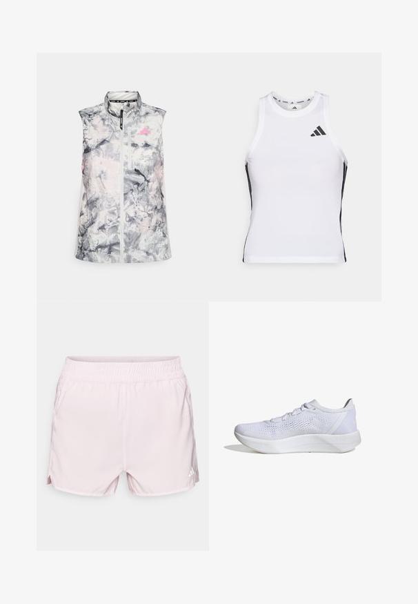 Ærmeløs løbevest i et gråligt og pink abstrakt mønster, med høj krave, en frontlynlås og en lille brystlomme.; Hvid athletic tanktop med sorte sideaccentuer og logo. Har en scoop-neckline og tætsiddende design, lavet af letvægts, åndbart materiale.; Lyserøde træningsshorts med elastisk talje, letvægtsstof, sideslids og et lille hvidt logo nederst til højre.; Hvide sportssko med en åndbar mesh-overdel, snørebåndsdesign, polstret krave og en struktureret gummisål for bedre greb.