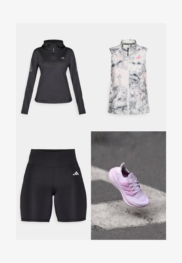 Ærmeløs løbevest i et gråligt og pink abstrakt mønster, med høj krave, en frontlynlås og en lille brystlomme.; Sort langærmet sports hoodie med kvart lynlås, struktureret stof, justerbar hætte og reflekterende striber på ærmerne. Har logo på brystet.; Sorte atletiske shorts lavet af strækbart stof, med en høj talje, en glat tekstur og et hvidt tre-stribe logo på siden.; Lys lilla sportssko med mesh-overdel, lyserøde accenter og hvide snørebånd, med en polstret sål. Svæver over en malet overflade.