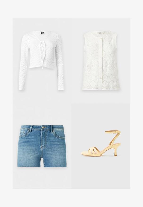 Witte mouwloze blouse met knopen, voorzien van een bloemenmotief met opengewerkte kanten en een ronde halslijn.; Witte cropped top met lange mouwen, oogjes zigzagpatroon en striksluiting aan de voorkant, V-hals en aansluitende pasvorm.; Blauwe denim shorts met knoop aan de voorkant, rits, riemlussen en vijf zakken op een effen lichte achtergrond.; Geel gekruiste sandalen met een lage hak, featuring een dunne enkelband en meerdere kruisende banden die een open teenontwerp vormen.
