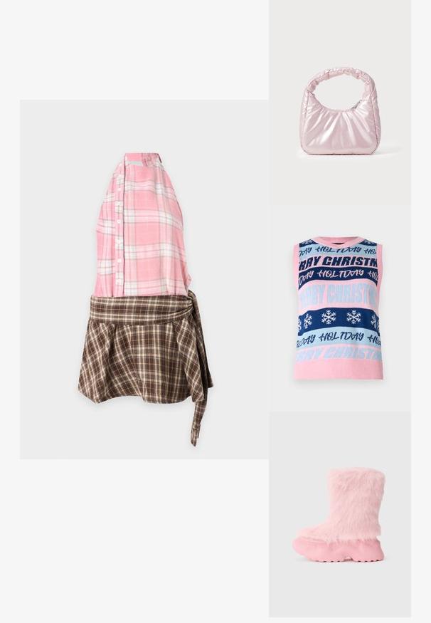Ærmeløs strikket sweater med skiftende blå, lyserøde og marine striber, prydet med "GLÆDELIG JUL" og snefnugsmønstre.; Ærmeløs kjole med en lyserød ternet knappet top og en brun ternet nederdel med bindedetalje i taljen, vist på en ensfarvet baggrund.; Kraftig pink støvle med tekstureret sål og blød, fluffy faux fur der dækker hele det øverste af støvlen.; Rosa, polstret håndtaske med afrundet design, lavet af skinnende materiale. Har et samlet håndtag og en lynlås til sikker adgang.