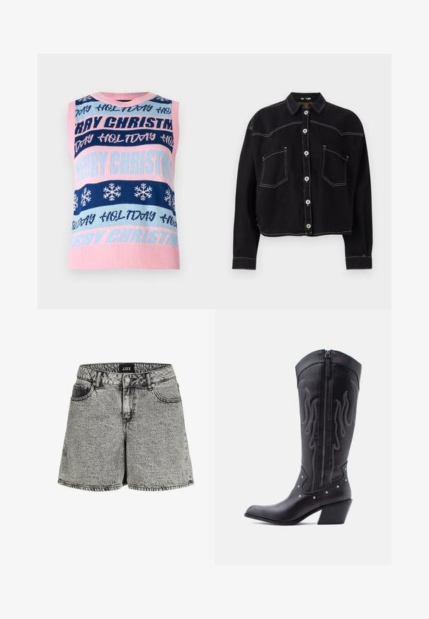 Ilmahihaine neulepaita, joka esittelee vuorotellen sinisiä, vaaleanpunaisia ja tummansinisia raitoja, sekä "HYVÄÄ JOULUA" -tekstiä ja lumihiutalekuvioita.; Mustat lyhyt cropped-denim-takki, jossa on pitkät hihat, nappikiinnitys edessä, kaksi rintataskua ja kontrastivalkoiset ompeleet.; Mustat ja harmaat farkkushortsit, jotka ovat korkean vyötärön, viiden taskun muotoilun ja hapsutuksen omaavat. Sisältää haalistuneen tekstuurin ja metallinappisulun.; Mustat nahkaiset cowboy-saappaat, joissa on terävä kärki, näkyvät tikkaukset, hopeiset niittikoristeet ja vetoketjusuljin saappaiden sisäsivulla.