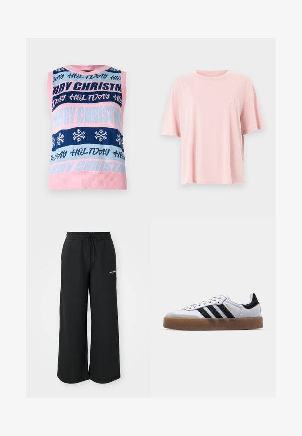 Ærmeløs strikket sweater med skiftende blå, lyserøde og marine striber, prydet med "GLÆDELIG JUL" og snefnugsmønstre.; Blød lyserød t-shirt i kortærmet bomuld med rund hals og diskret hvid tekst på øverste venstre bryst.; Svarte sweatpants med vid benvidde, lavet af blødt stof, med elastisk talje og snøre samt et lille logo på venstre side.; Hvide lædersneakers med sorte striber, gummirubber sål, rund tå, snørelukning og blød grå ruskinds tåhætte.