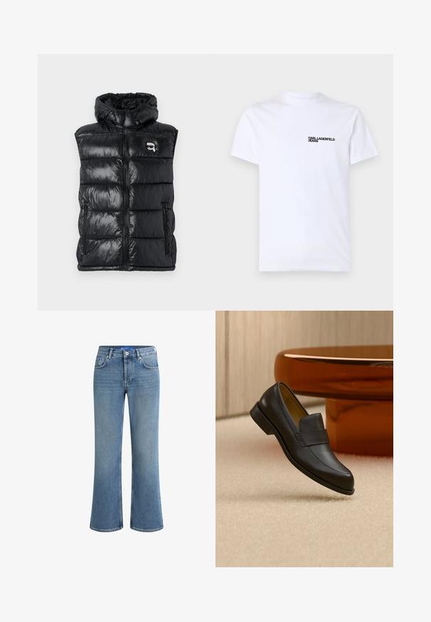 Schwarze gepolsterte Weste mit glänzender Oberfläche, mit Kapuze, durchgehendem Reißverschluss und seitlichen Taschen. Enthält ein kleines Logo auf der Brust.; Weißes Baumwoll-T-Shirt mit kurzen Ärmeln, einem Rundhalsausschnitt und einem schwarzen "KARL LAGERFELD JEANS"-Logo auf der linken Brustseite.; Hellblaue, ausgestellte Jeans aus Denim mit mittelhohem Bund, Fünf-Taschen-Design und einer dezenten, strukturierten Oberfläche, die über einen standardmäßigen Knopfverschluss verfügt.; Schwarzer Leder-Loafer mit niedrigem Absatz, der über einem beigen Teppichboden nahe einem runden braunen Tisch schwebt.