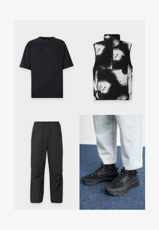Zwart-witte mouwloze vest met hoge kraag, voorrits en een abstract spatpatroon door de stof.; Oakley RISE TEE - T-shirt basic - blackout; Zwart, lichtgewicht broek met een elastische tailleband, zijzakken en een relaxed fit. Soepele structuur, geen zichtbare patronen of accenten.; Zwarte sportschoenen met gestructureerde stof en rubberen zolen, met elastische veters en een blauwe accent op de hiel. Draag samen met lichte spijkerbroeken.