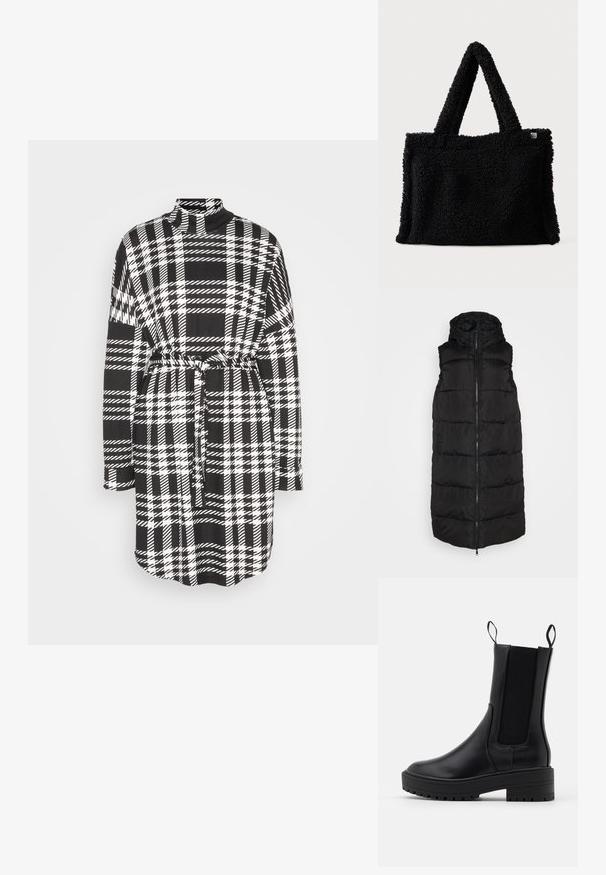 Mustaga vatitud vest, millel on tõmblukk ees, kapuuts, varrukateta disain ja õmmeldud paneelid. Sile kangaste viimistlus, lõdva siluetiga.; Noisy May NMCITY AVA SHORT DRESS - Kampsunkleit - black/white; Mustad mustan värvi talvesaapad siledast nahast, elastsete külgpaneelide, tõmbenööride ja paksu, tekstureeritud taldaga, mis tagab parema haardumise.; Must koot kasutades faux karusnahka, millel on pehme tekstuur, lühikesed sangad ja ristkülikuline kuju. Ühel küljel on väike logo silt.