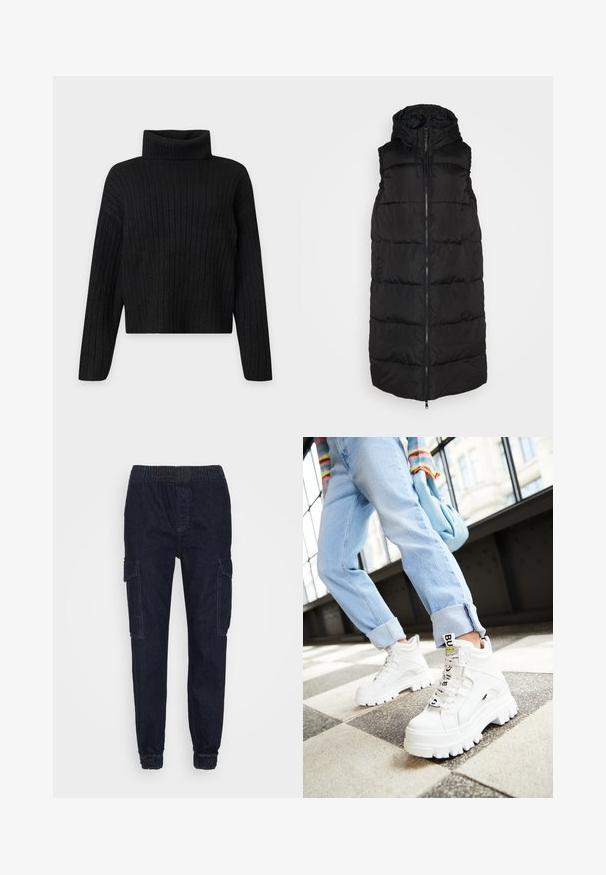 Gilet matelassé noir avec fermeture éclair à l'avant, capuche, sans manches et panneaux cousus. Finition en tissu lisse, silhouette décontractée.; Pull à col roulé en tricot côtelé noir avec manches longues et coupe légèrement raccourcie sur un fond clair uni.; ONLY ONLROUGE CARGO - Jean boyfriend - dark blue denim; Baskets blanches épaisses avec semelles massives, lacées à l'avant et étiquette de marque. Portées avec un jean bleu clair retroussé sur un sol à motifs.