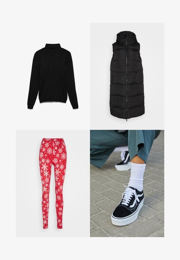 Zwarte gewatteerde bodywarmer met een rits aan de voorkant, capuchon, zonder mouwen en gestikte panelen. Gladde stoffen afwerking, casual silhouet.; Zwarte coltrui gemaakt van gebreide stof. Heeft lange mouwen, een geribde kraag en een losse pasvorm. Geen zichtbare patronen of accenten.; ONLY ONLXMAS ELFI - Legging - urban red; Zwarte suède sneaker met witte accenten en veters, uitgerust met een dikke witte zool en contrasterende stiksels, gecombineerd met een witte sok.