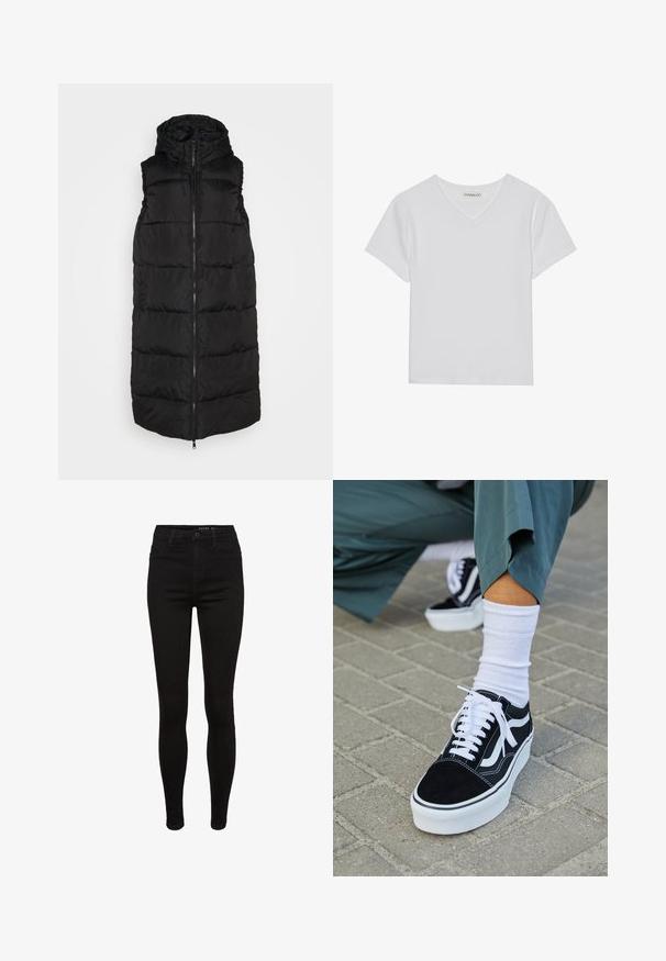 Zwarte gewatteerde bodywarmer met een rits aan de voorkant, capuchon, zonder mouwen en gestikte panelen. Gladde stoffen afwerking, casual silhouet.; Witte T-shirt met korte mouwen en V-hals, gemaakt van ribbelstof. Heeft een strakke ontwerp met een rechte zoom en minimale details.; Zwarte denim skinny jeans met een hoge taille, vijf-pocket ontwerp, riemlussen en subtiele stikdetails. Glad textuur, figuurvormende pasvorm.; Zwarte suède sneaker met witte accenten en veters, uitgerust met een dikke witte zool en contrasterende stiksels, gecombineerd met een witte sok.
