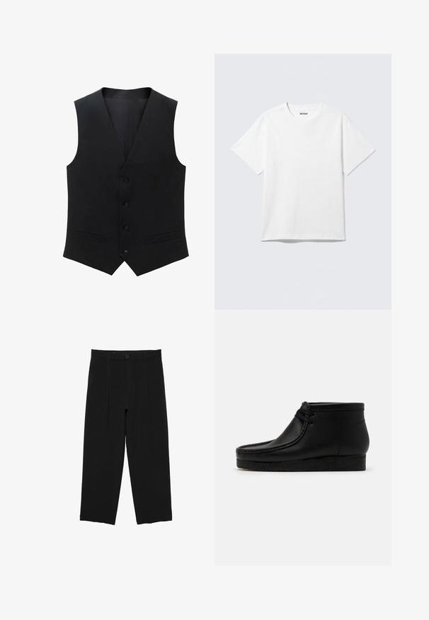 Sort vest med et strømlinet design, der har en dyb V-udskæring, fem knapper og to sidelommer. Lavet af et glat stof.; Hvid kortærmet crewneck T-shirt lagt fladt ud, ensfarvet design, med "WEEKDAY" mærkat inde i kraven på en lys baggrund.; Sorte bukser med vide ben, bæltestropper, frontknap og plisseret design, vist mod en hvid baggrund.; Sorte læder ankelstøvler med en rund tå, syninger og en blød gummisål. Har en snørelukning foran.