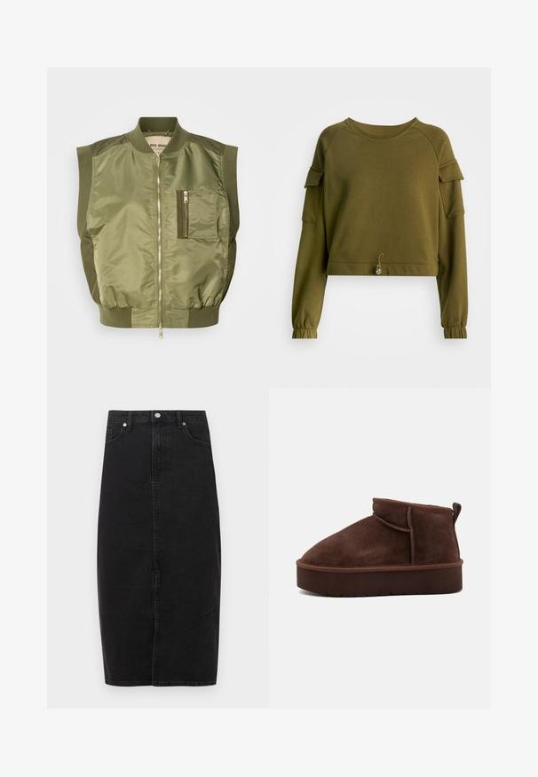 Veste bomber sans manches vert olive avec une fermeture éclair à l'avant, un col et un ourlet côtelés, ainsi qu'une poche poitrine zippée. Tissu lisse et léger.; Sweatshirt court vert olive à manches longues, au design raglan, avec des poignets froncés, des accents aux épaules, et un ourlet avec cordon de serrage et perle décorative.; Jupe en denim noir à taille haute, longueur au genou, couture frontale et conception classique à cinq poches. Dotée d'un bouton métallique et d'une texture subtile.; Bottine en suede marron, avec un bout arrondi, une texture douce et une semelle épaisse. Elle présente un discret détail de couture et une languette à l'arrière.